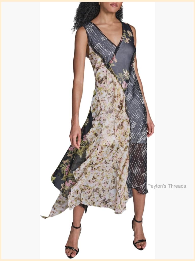 Woven Ruffle Mixed Print Layered Midi Dress Cap Sleeve V-Neck